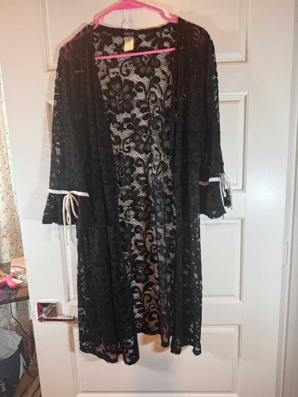 Onyx Black Lace Kimono with Ribbon Detail
